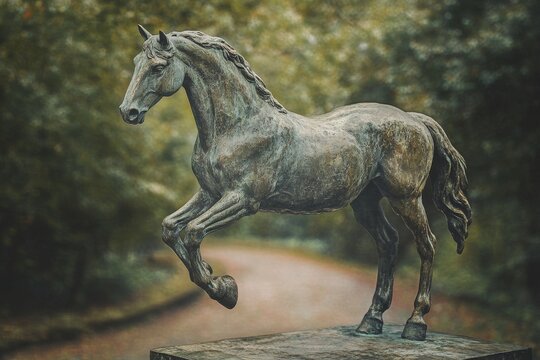 Bronze sculpture of a spirited steed in an outdoor setting.