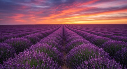 Obraz premium Lavender field under a vibrant sunset sky