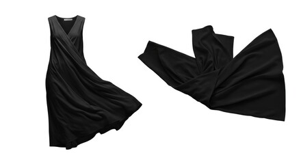 Elegant flowing black dress captured in motion, creating a sense of grace and timeless style. Perfect for concepts of fashion, minimalism, and sophistication.