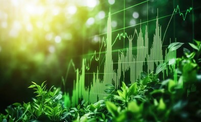 Green investment chart overlaid on lush foliage.  Chart displays rising and falling trends.  Sunlight highlights the scene