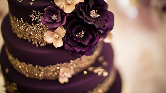 Elegant Purple Wedding Cake with Gold Accents