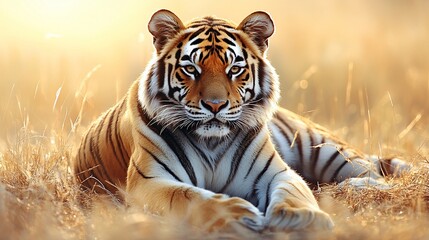 Majestic tiger resting in golden grass
