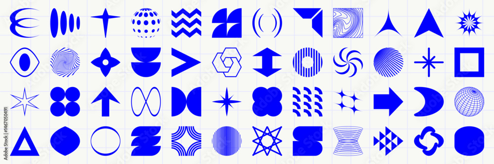 Poster set of graphic geometric assets with grid, pattern and elements. vector modern shapes in retro aesth