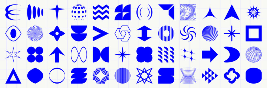 Set of graphic geometric assets with grid, pattern and elements. Vector modern shapes in retro aesthetic. Isolated illustration for stickers, poster, collage, design template.