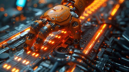 Cybernetic Hand Interacting with Futuristic Technology