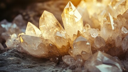 Close-up of sparkling, translucent quartz crystals clustered on dark rock, illuminated by warm light.