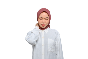 Young Asian Muslim woman touching her neck feeling tired after long working hours isolated on transparent background