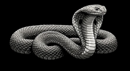 Menacing cobra coiled tightly on black