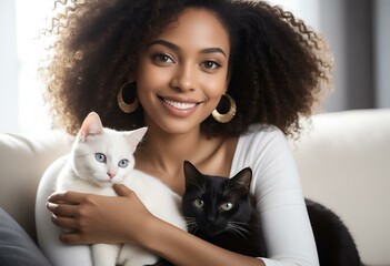 Woman and cat relaxing on sofa