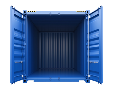 Blue shipping container with corrugated interior and open doors on transparent background