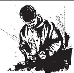 A solitary figure kneels intently examining a small rock formation.