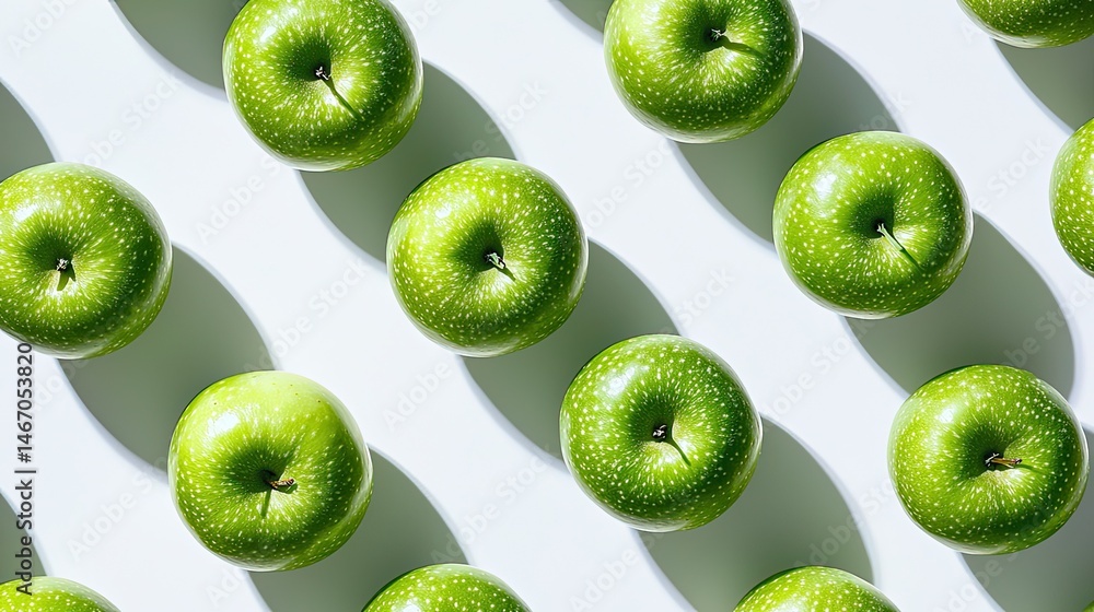 Poster a green apple pattern with deep shadows on a white background is used for design purposes.