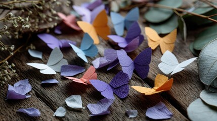 Flat lay of scattered colorful paper butterflies, petals, and leaves on a natural wood table surface, cozy and organic
