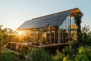 Modern sustainable home with solar panels at sunset.