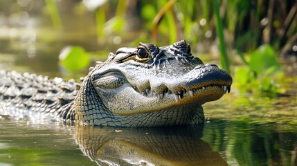 Obraz premium Captivating close-up of an alligator resting serenely in a tranquil swamp landscape