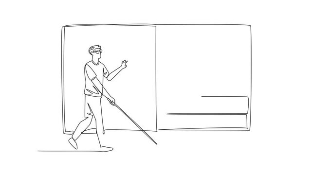 Self drawing animation of single line drawing of character man walking with stick and touching a giant braille book, trying to read. World Braille Day event. Communication way. Full length animated