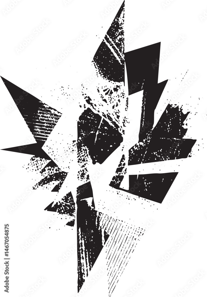 Poster a fragmented black and white abstract shape explodes outwards.