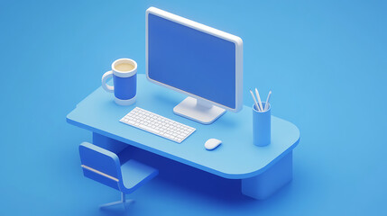 A computer desk with a blue computer monitor, a keyboard, a mouse