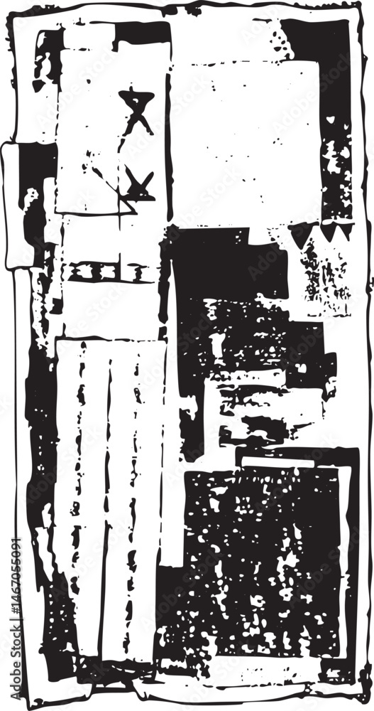 Poster a textured monochrome depicts a fragmented building facade with geometric shapes and vertical lines.