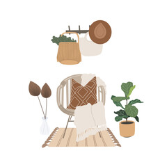 Cozy living room interior design. Chair with pillow and blanket, carpet, indoor plants, hanger with bags. Hand drawn vector design