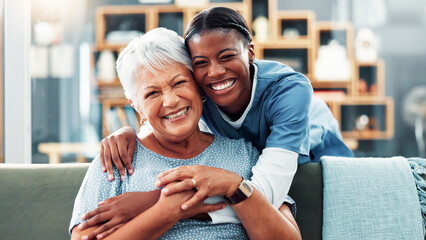 Senior, happy women or portrait with nurse hug for healthcare, assisted living or volunteer...
