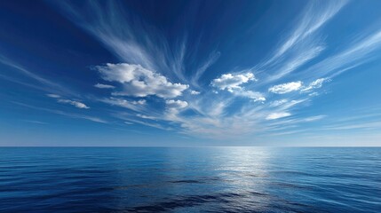 Obraz premium Horizon of the deep blue sea under a bright sunny sky, with a few wispy clouds creating a sense of vastness