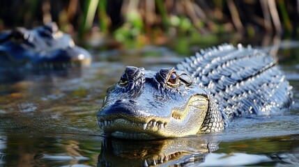 Fototapeta premium American alligators lurking in the murky waters with menacing eyes staring
