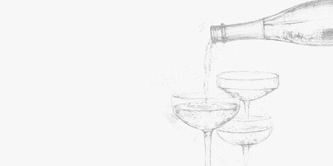 Vintage ink sketch of Italian style aperitivo and classic cocktails, featuring noisy gritty dot halftone texture and retro pop art stipple illustrations for cozy restaurant branding.