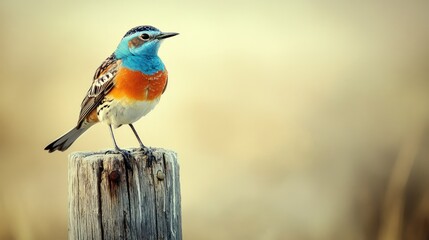 Fototapeta premium Colorful bird perched on post, field background, nature wildlife