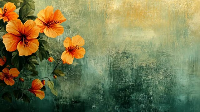 Vivid orange hibiscus blossoms on a textured, green-gold backdrop.  Floral art with a vintage feel
