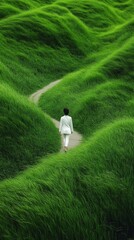 Obraz premium a striking scene of a young woman walking down a winding path surrounded by vibrant green, fluffy grass fields. The solitary Woman, dressed in a white suit, c