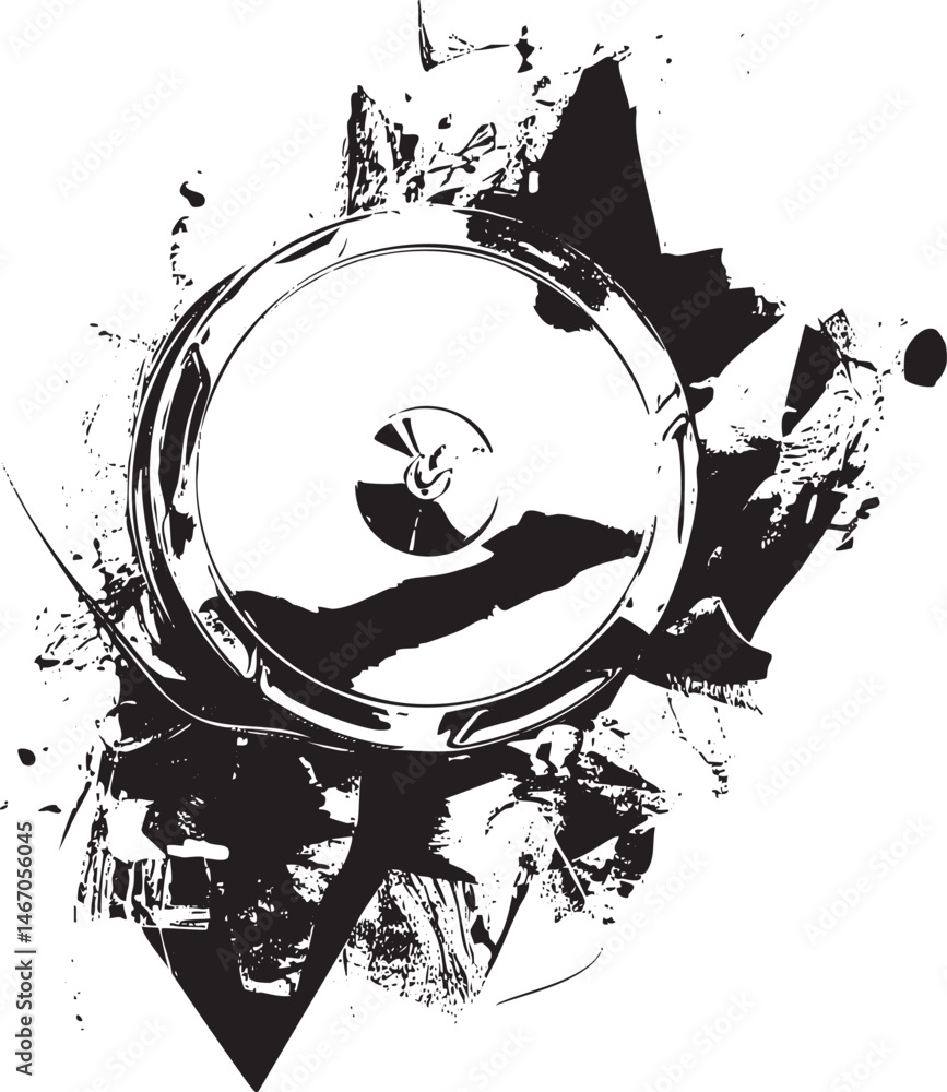 Poster a stylized fragmented circular shape with a central element resembling a gear.