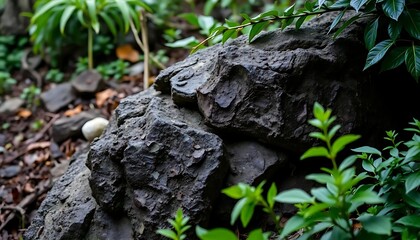 Obraz premium Textured rock amidst lush foliage, capturing nature's harmony and quiet stillness