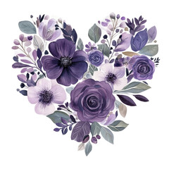 Watercolor Flower Heart Arrangement Illustration Elegant Romantic Floral Decoration Wedding Invitation Valentine's Day Isolated on Transparent Background