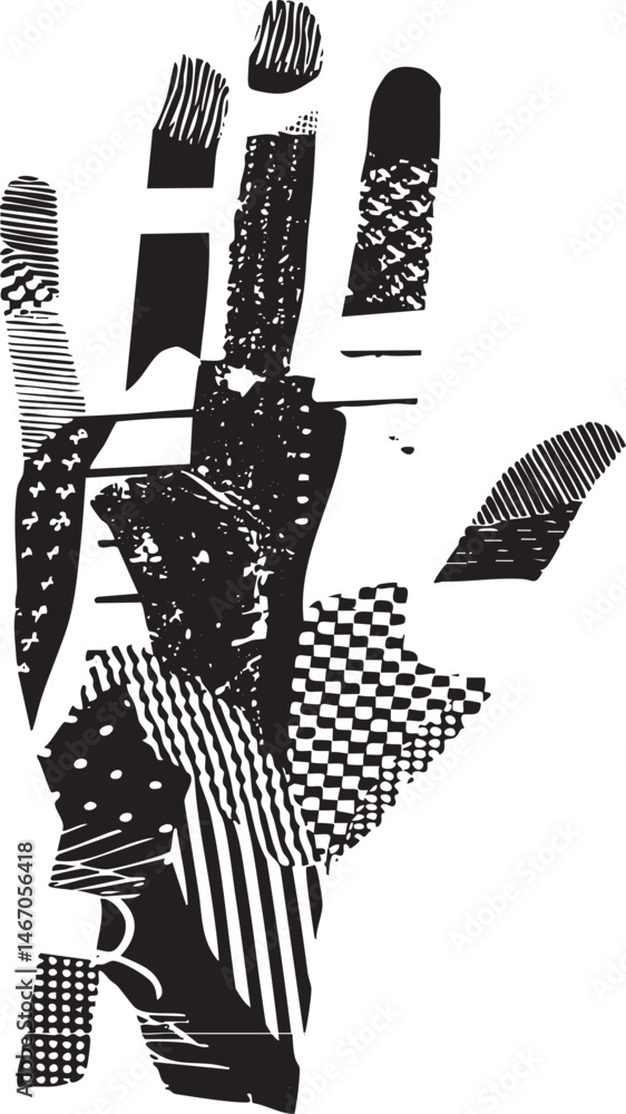 Poster a stylized hand gestures upwards with a dynamic layered composition.
