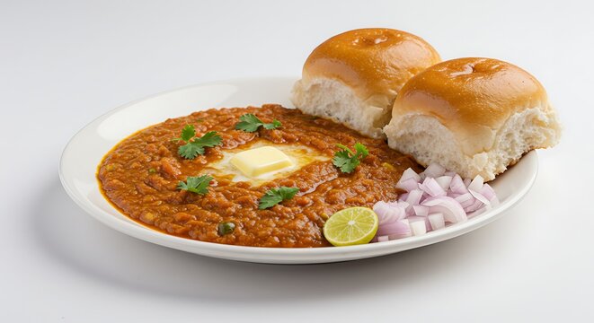 Delicious pav bhaji indian street food with butter onions and lime on a white plate tasty cuisine on transparent background