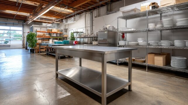 Large stainless prep table in a ghost kitchen or commissary setup, surrounded by metal shelves