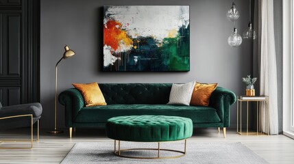 Emerald sofa, abstract art, modern living room, interior design