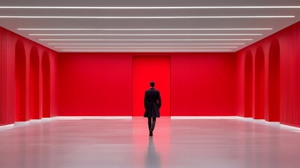 Person Walking in Red Minimalist Architecture Interior
