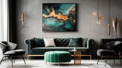 Modern living room interior, teal velvet sofa, abstract art, gold accents, home decor