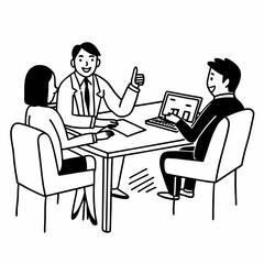 Bank manager offers excellent option and gives thumbs up talking to happy clients in consultation meeting. Real estate agent helping young couple make good choice and find house at reasonable price