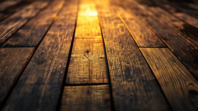 Warm light illuminates rich, dark brown wood planks, creating a textured, perspective-filled image