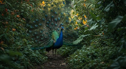 Obraz premium Peacocks vibrant display in lush jungle path