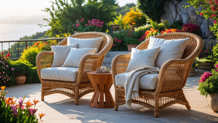 Obraz premium A relaxing outdoor scene with two wicker chairs and a small table, ready for a nice view.