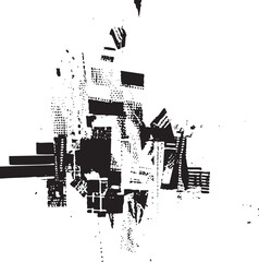 A grayscale abstract composition of geometric shapes and architectural elements.