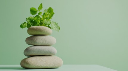 Balanced zen stone stack with leafy greens on a light green backdrop, soothing tones
