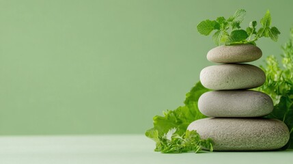 Balanced zen stone stack with leafy greens on a light green backdrop, soothing tones