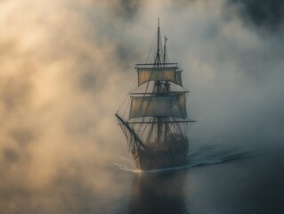 Fototapeta premium Majestic sailing ship navigating through a misty morning