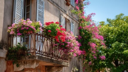 Fototapeta premium Old European house with a wrought-iron balcony decorated with pink and red flowers, window shutters open to sunlight