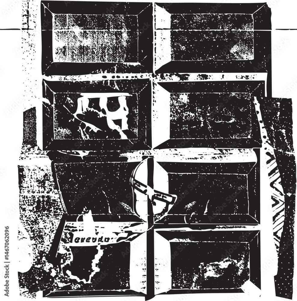 Poster four fragmented rectangular panels display a grayscale of a skull and lettering.